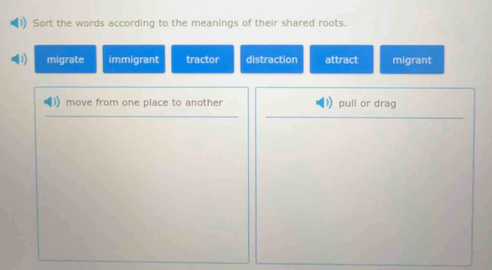 sort the words according to the meanings of their shared roots. migrate…
