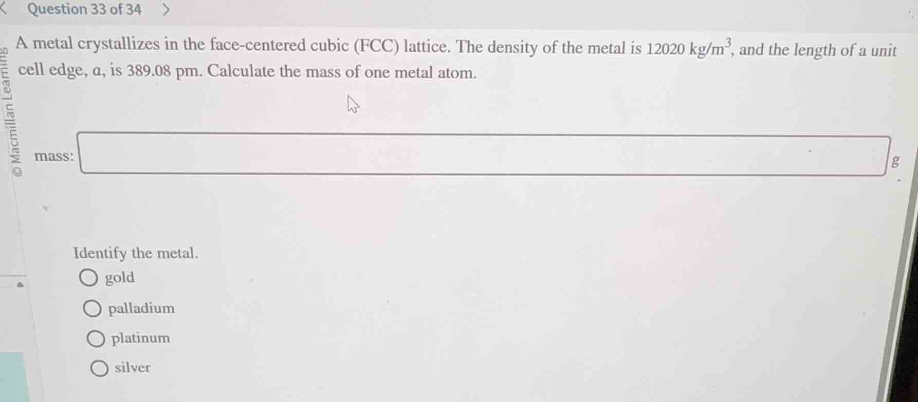 a metal crystallizes in the face - centered cubic (fcc) lattice. the de…