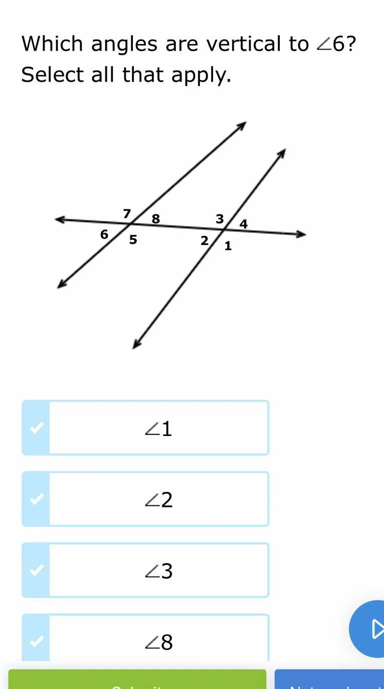which angles are vertical to ∠6? select all that apply. ∠1 ∠2 ∠3 ∠8