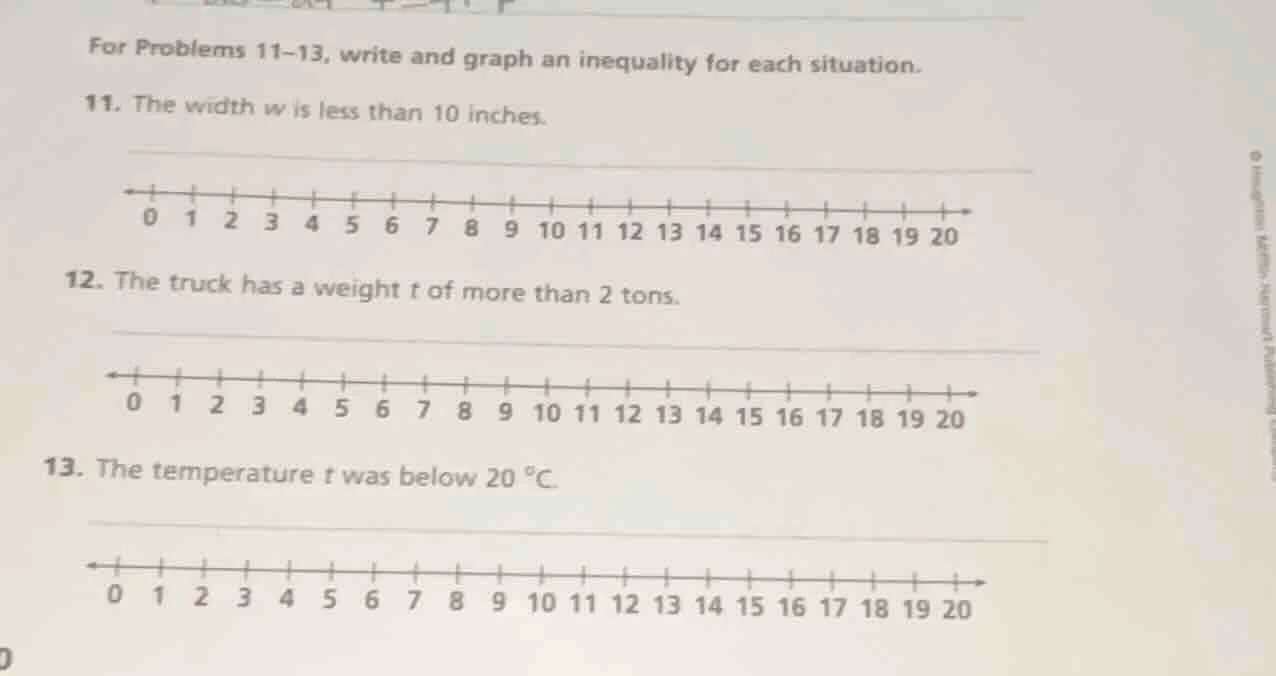 for problems 11–13, write and graph an inequality for each situation. 1…
