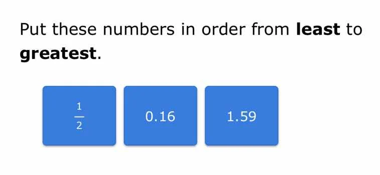 put these numbers in order from least to greatest. 1/2, 0.16, 1.59