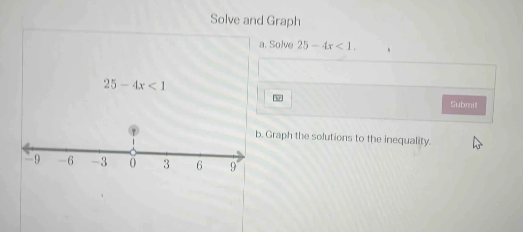 solve and graph a. solve $25 - 4x < 1$. b. graph the solutions to the i…