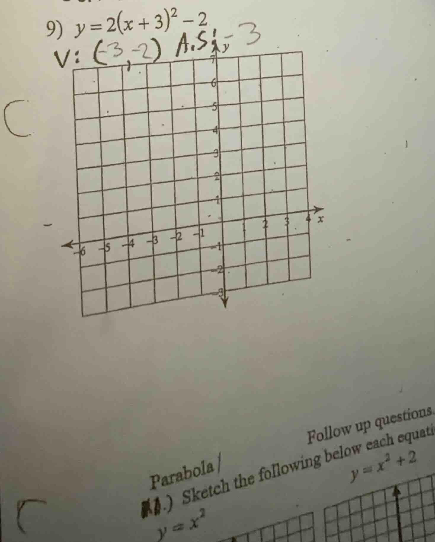 9) $y = 2(x + 3)^2 - 2$ v: $(-3, -2)$ a.s: -3 follow up questions. para…