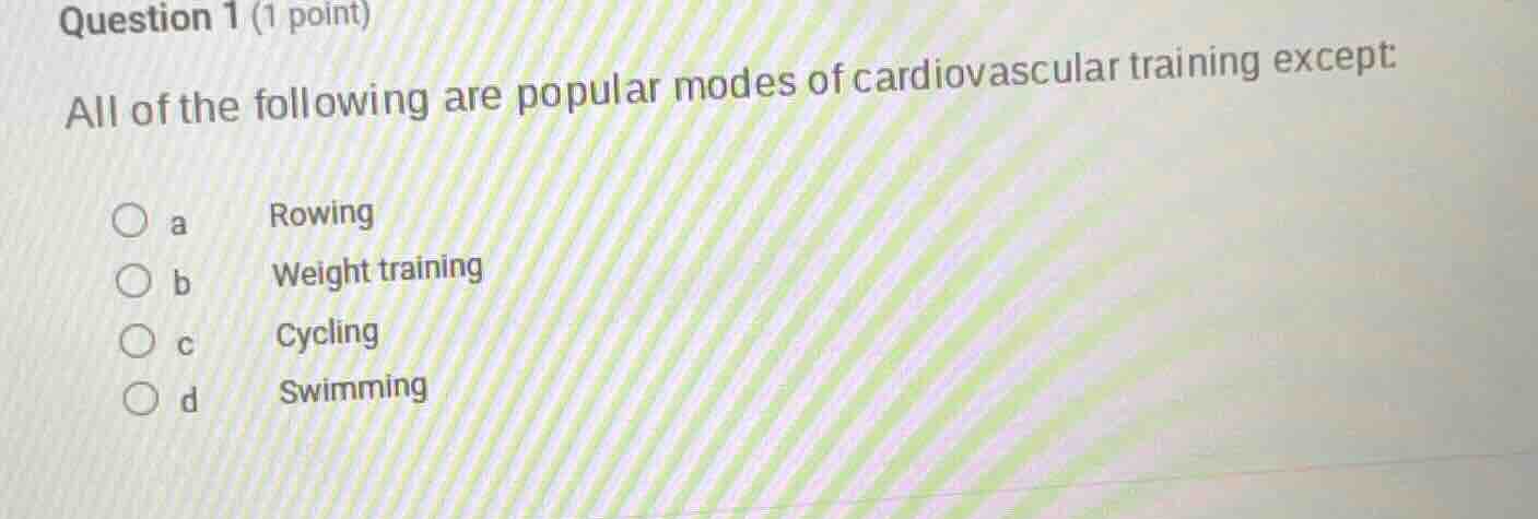question 1 (1 point) all of the following are popular modes of cardiova…