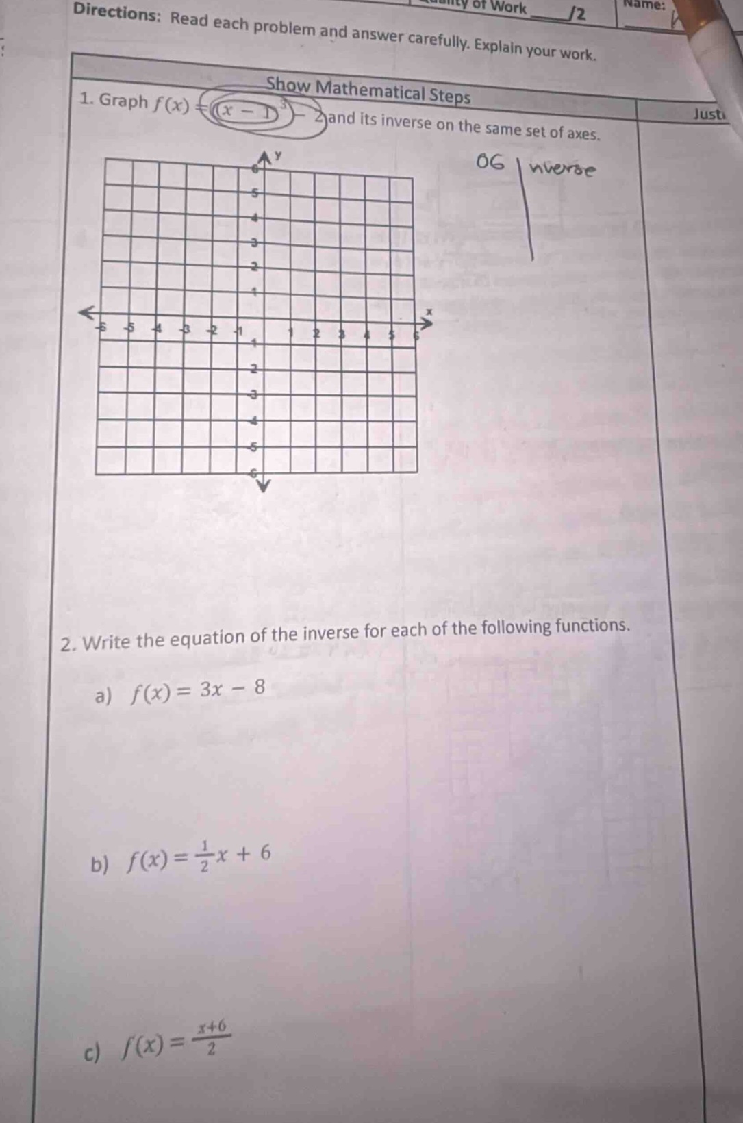 directions: read each problem and answer carefully. explain your work. …