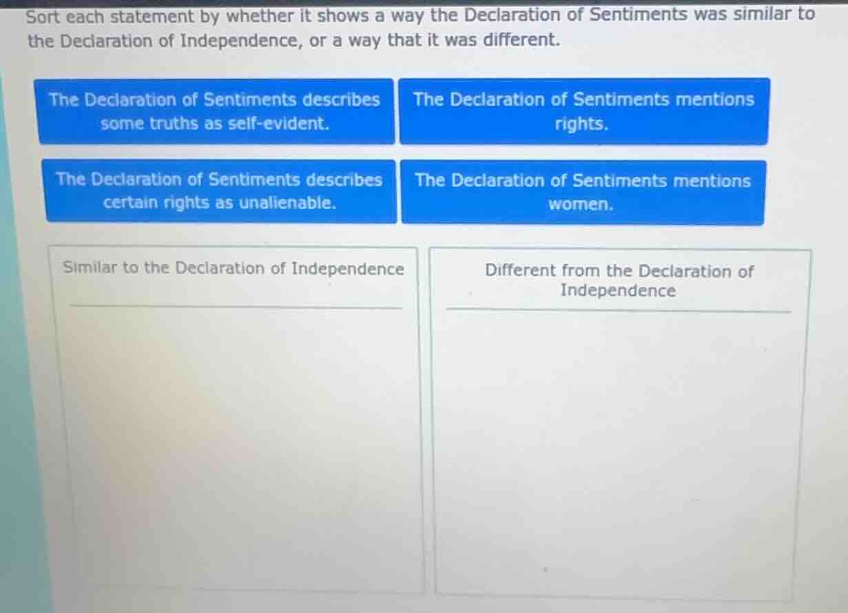 sort each statement by whether it shows a way the declaration of sentim…