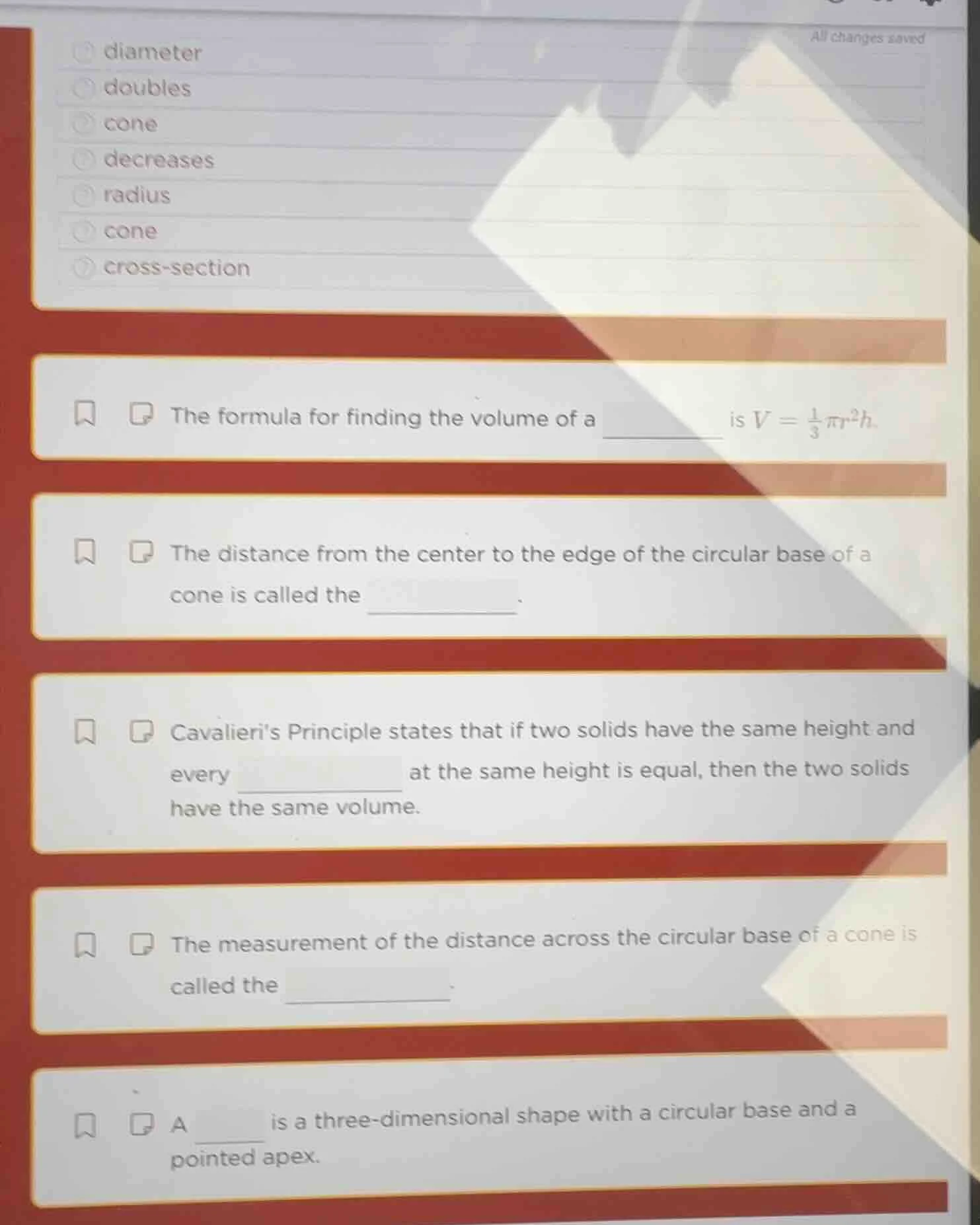 the formula for finding the volume of a ________ is $v = \\frac{1}{3}\\…