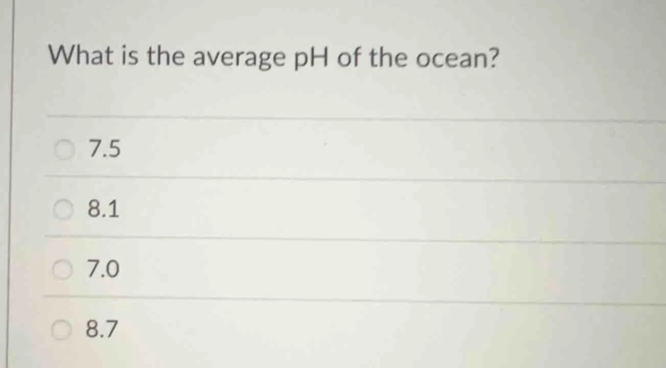 what is the average ph of the ocean? 7.5 8.1 7.0 8.7