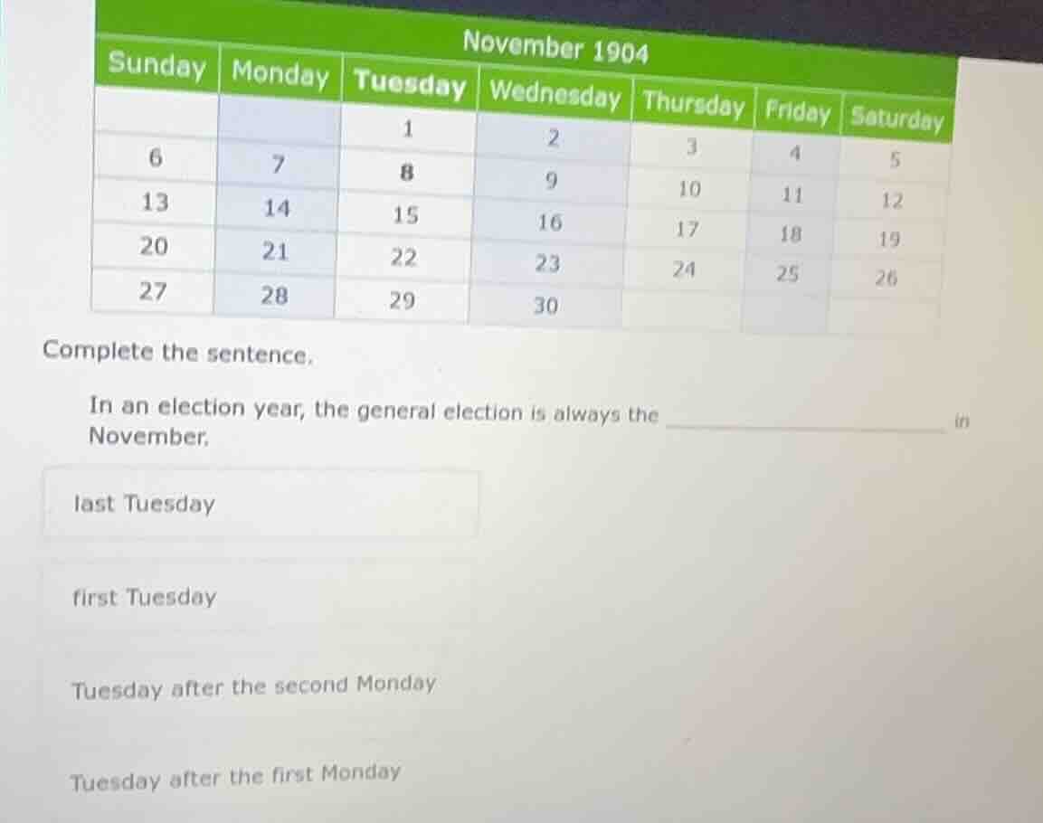 november 1904 sunday monday tuesday wednesday thursday friday saturday …
