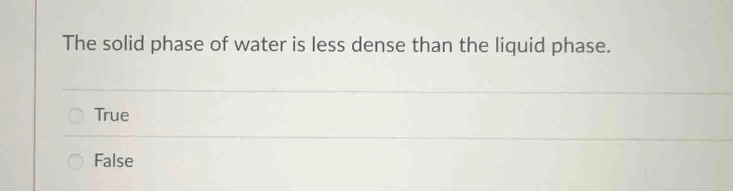 the solid phase of water is less dense than the liquid phase. true false