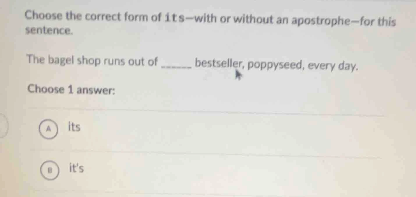 choose the correct form of its—with or without an apostrophe—for this s…