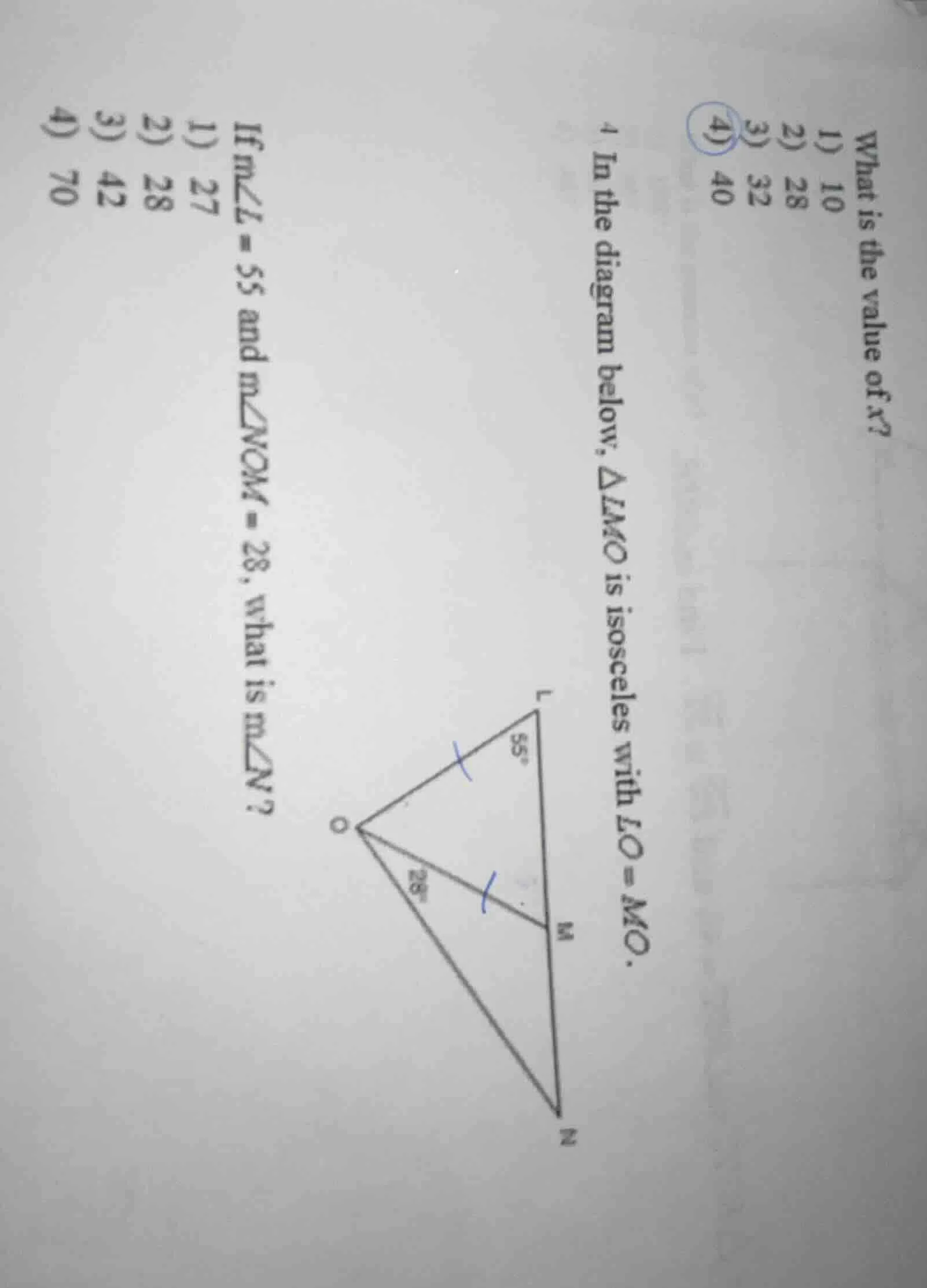 what is the value of x? 1) 10 2) 28 3) 32 4) 40 4 in the diagram below,…