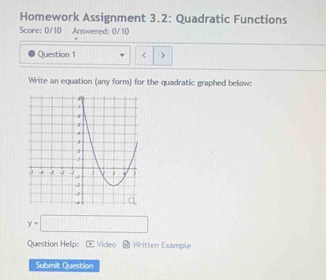 homework assignment 3.2: quadratic functions score: 0/10 answered: 0/10…