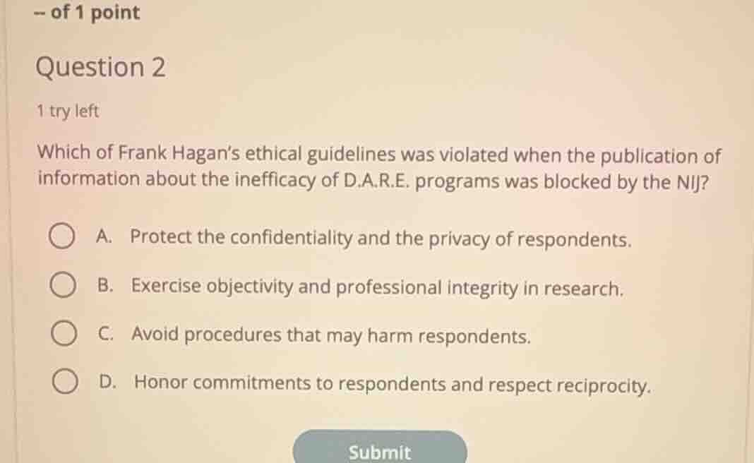 of 1 point question 2 1 try left which of frank hagans ethical guidelin…