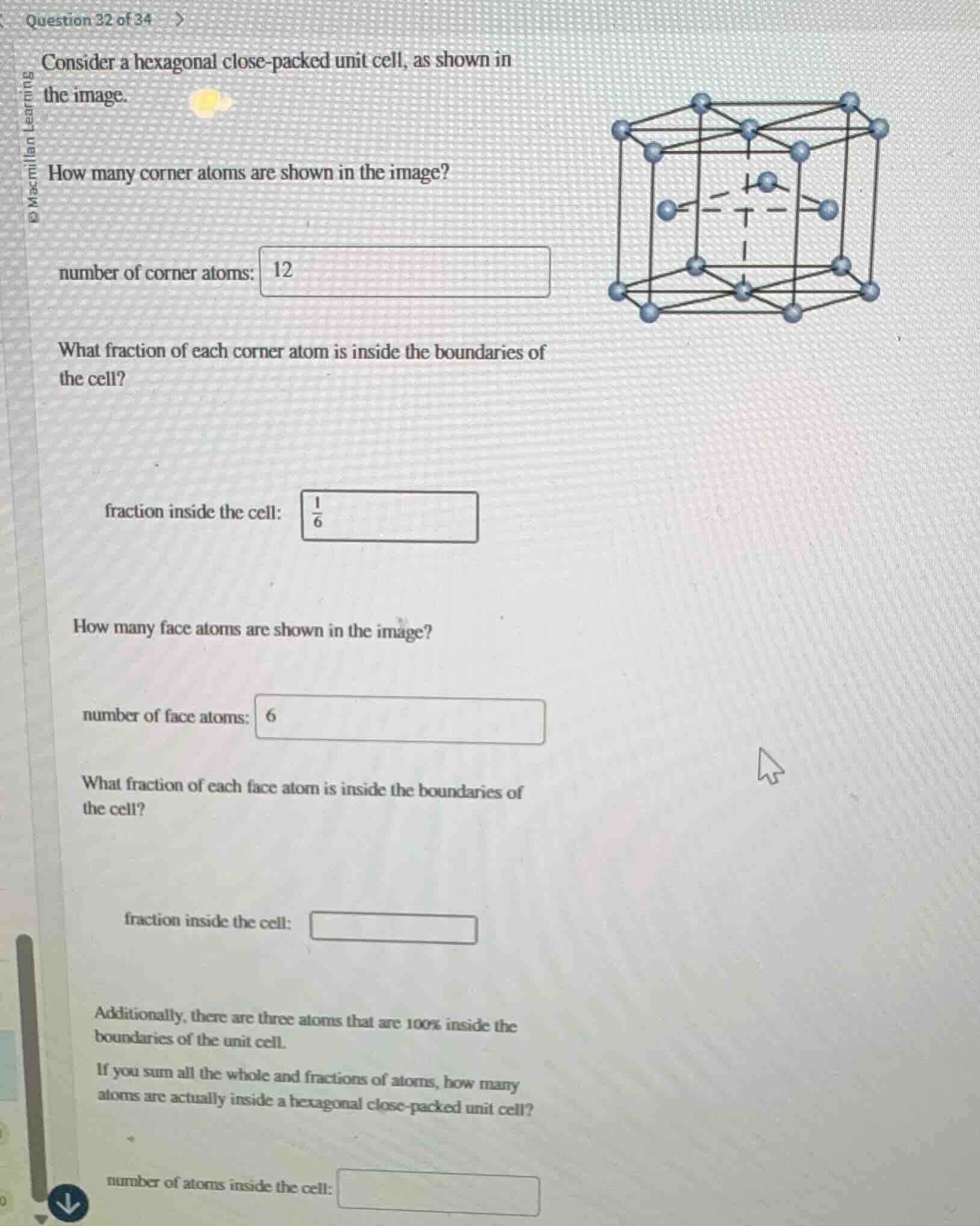 question 32 of 34 consider a hexagonal close - packed unit cell, as sho…