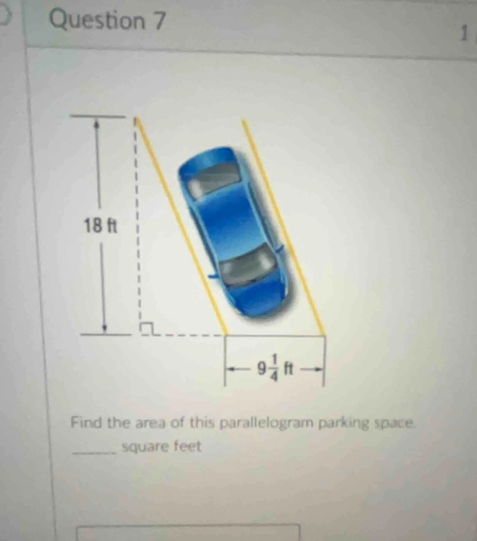 question 7 18 ft $9\\frac{1}{4}$ ft find the area of this parallelogram…