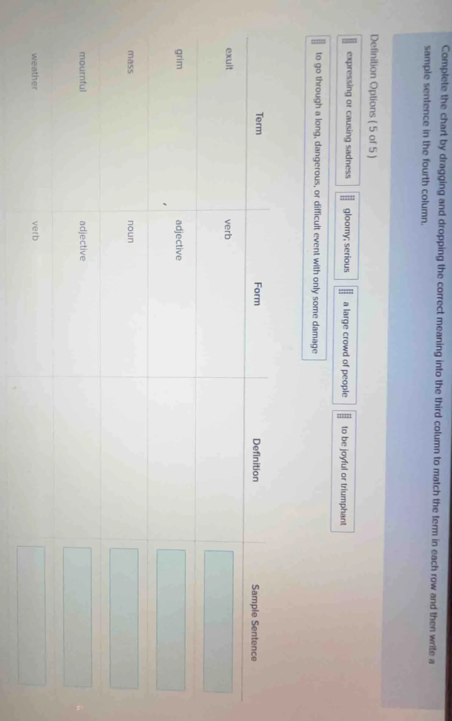 complete the chart by dragging and dropping the correct meaning into th…