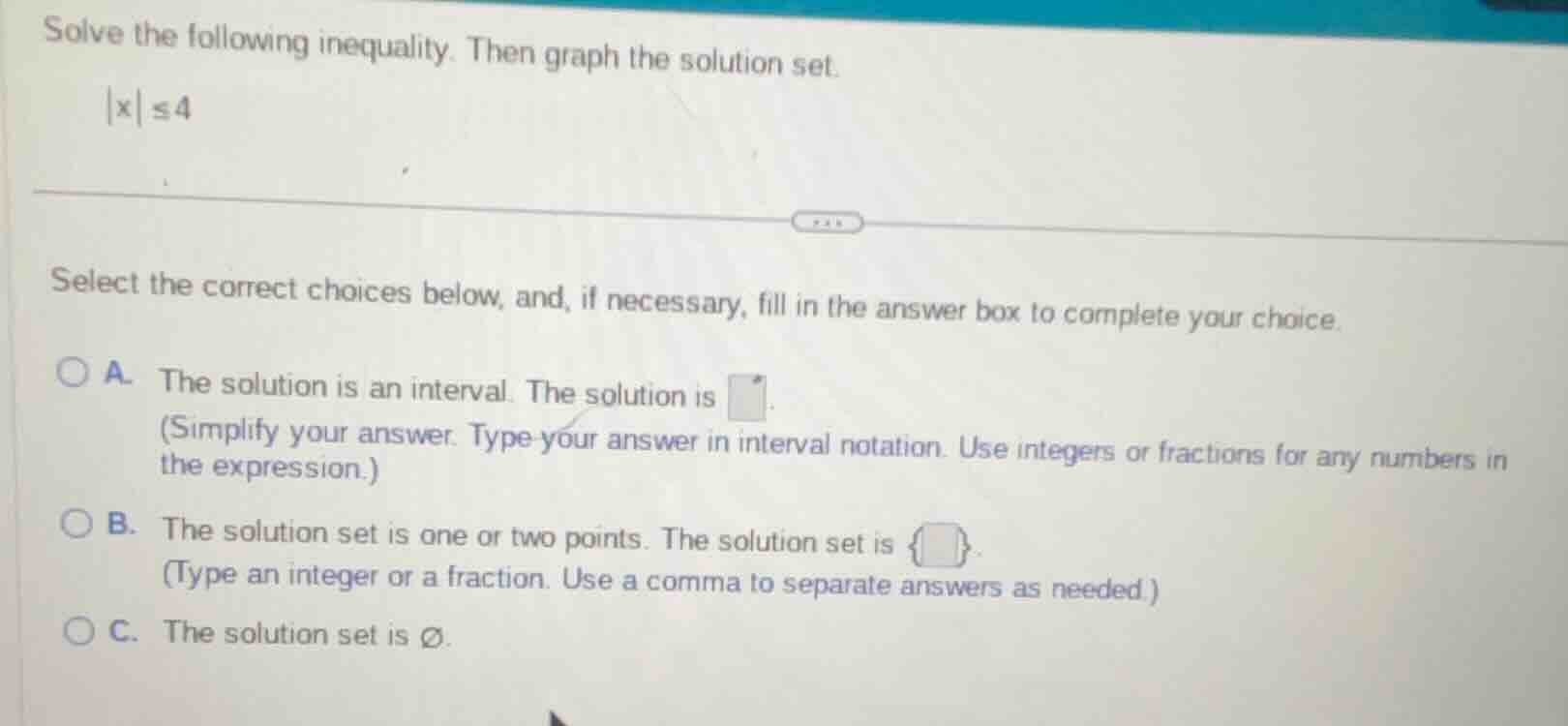 solve the following inequality. then graph the solution set.\\(|x|\\leq…
