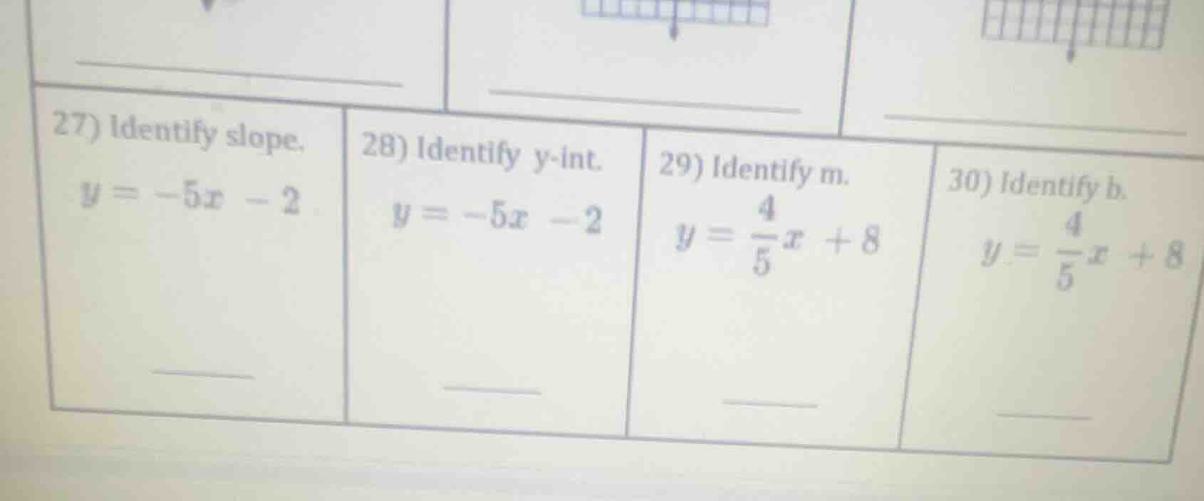 27) identify slope. $y = -5x - 2$ 28) identify y - int. $y = -5x - 2$ 2…