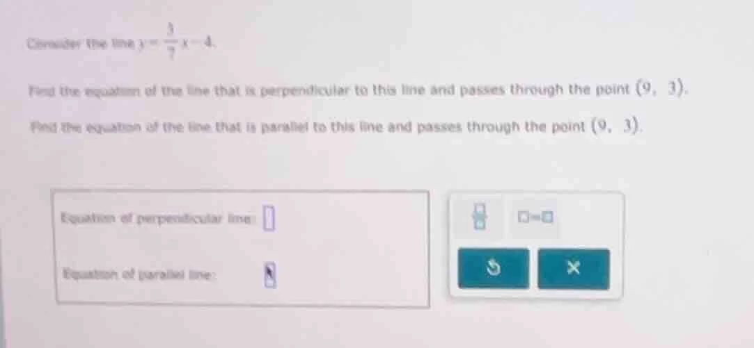 consider the line $y = \\frac{3}{7}x - 4$. find the equation of the lin…