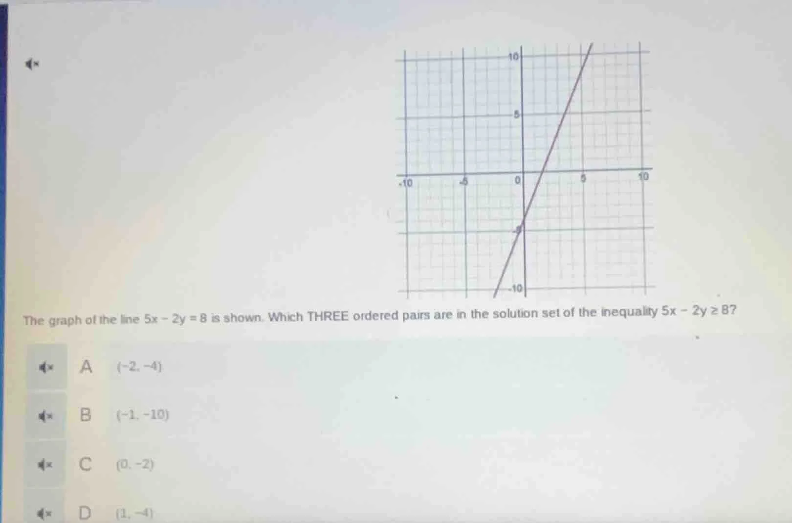 the graph of the line $5x - 2y = 8$ is shown. which three ordered pairs…