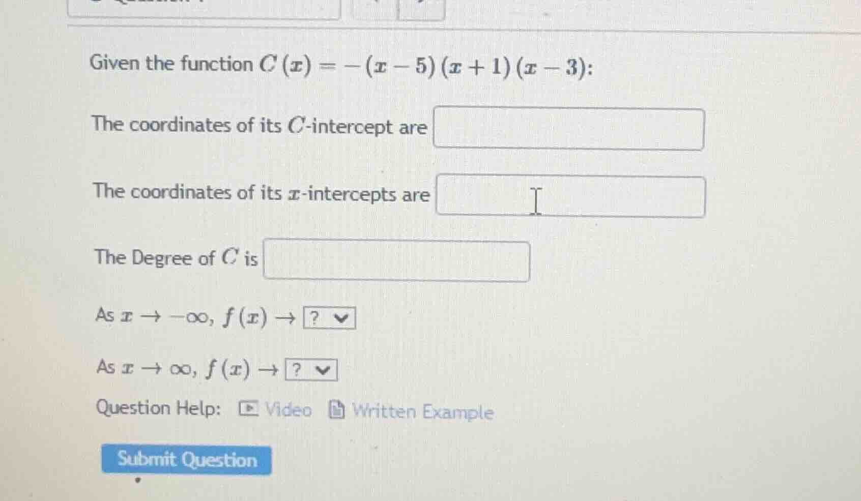 given the function $c(x) = -(x - 5)(x + 1)(x - 3)$: the coordinates of …