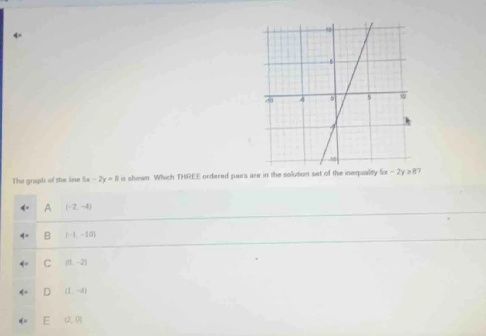 the graph of the line ( 5x - 2y = 8 ) is shown. which three ordered pai…