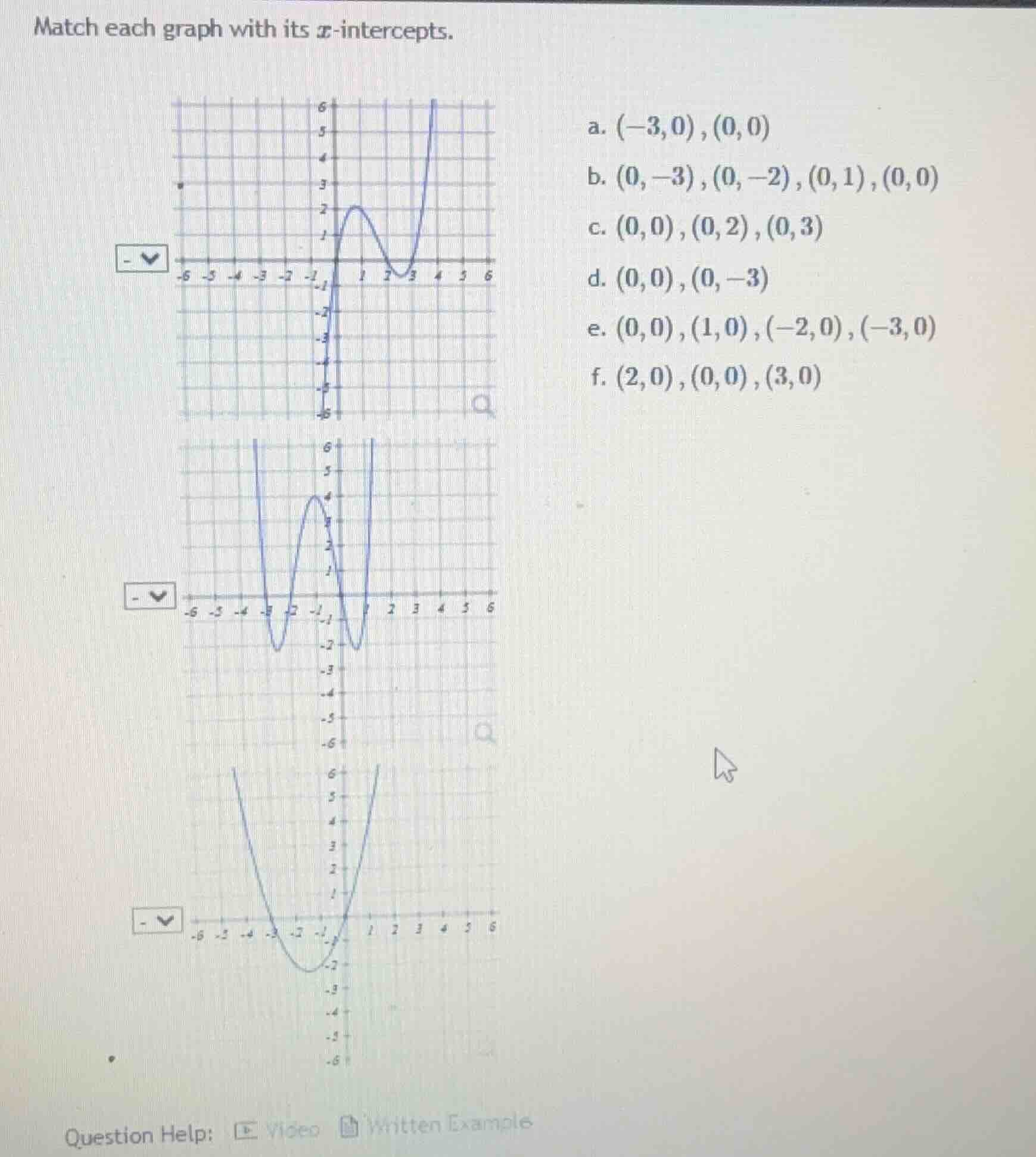 match each graph with its ( x )-intercepts. a. ( (-3,0),(0,0) ) b. ( (0…