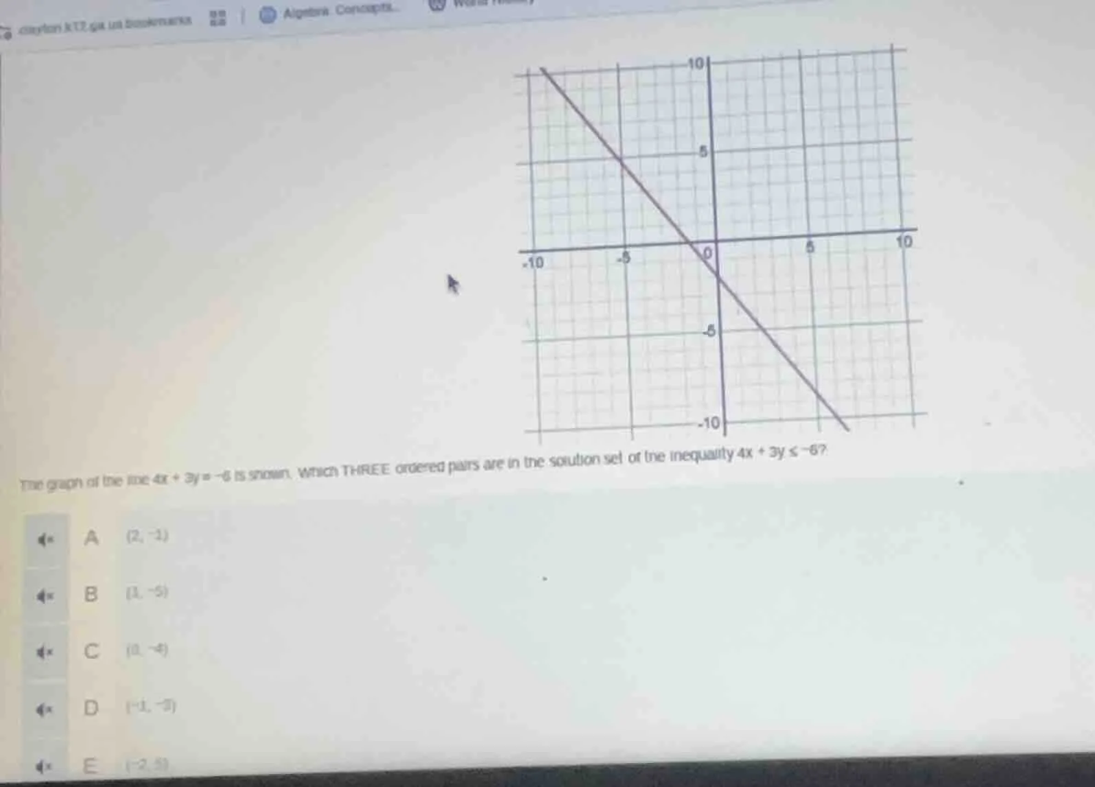 the graph of the line (4x + 3y = -6) is shown. which three ordered pair…