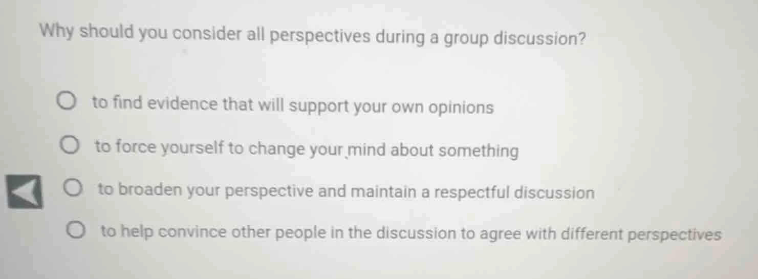 why should you consider all perspectives during a group discussion? to …