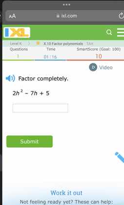 factor completely. \\(2h^2 - 7h + 5\\)