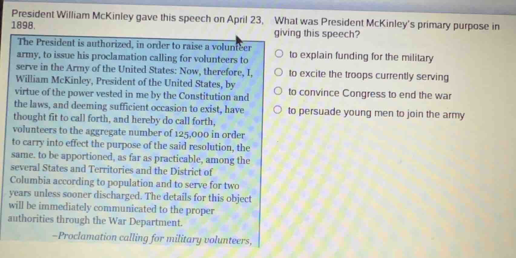 president william mckinley gave this speech on april 23, 1898. the pres…