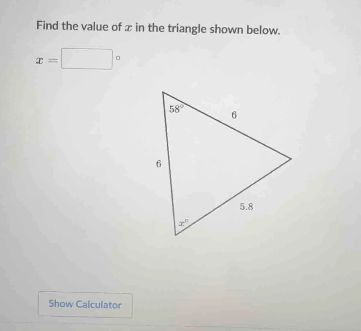 find the value of ( x ) in the triangle shown below. ( x = square^circ …
