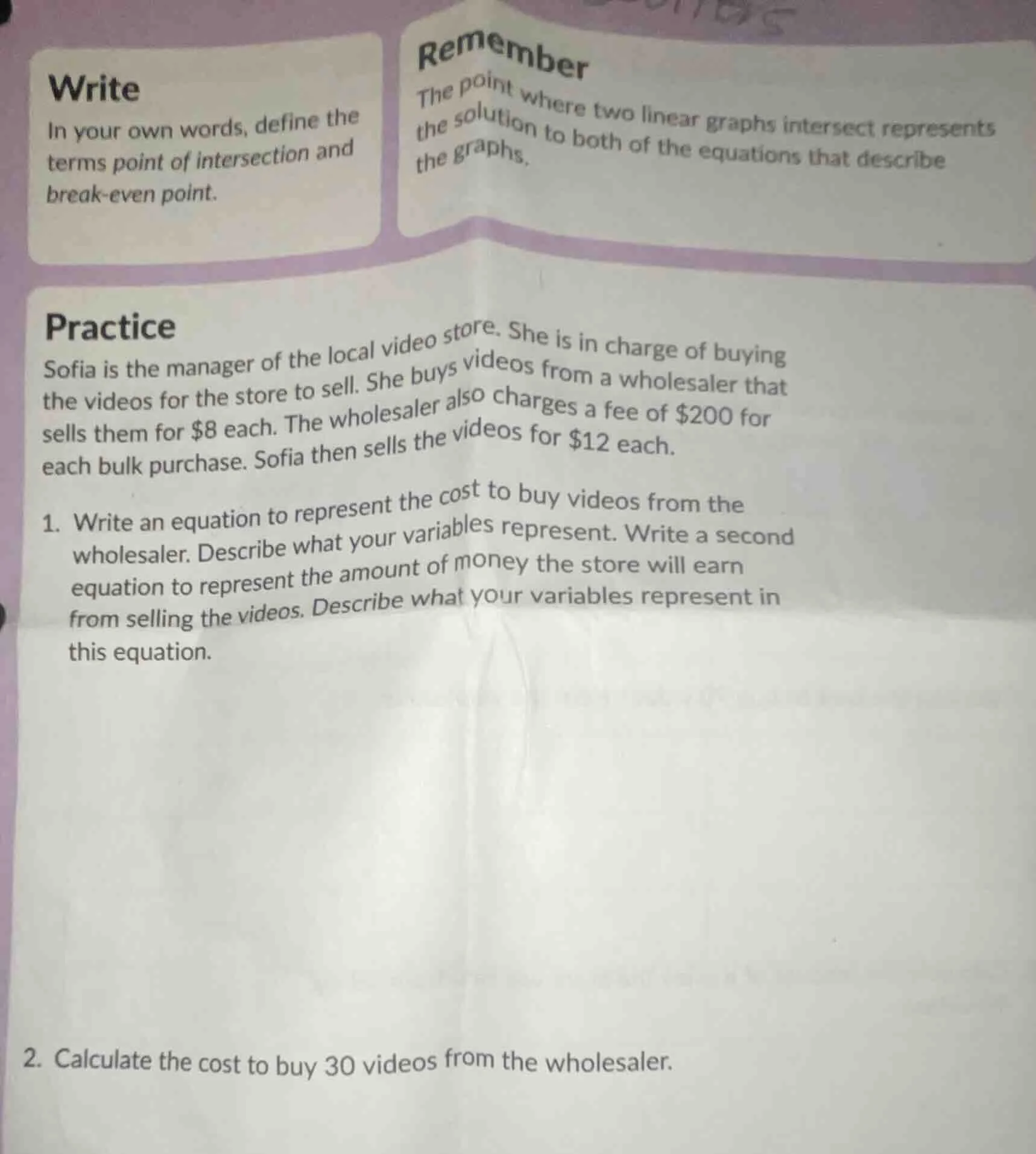 write in your own words, define the terms point of intersection and bre…