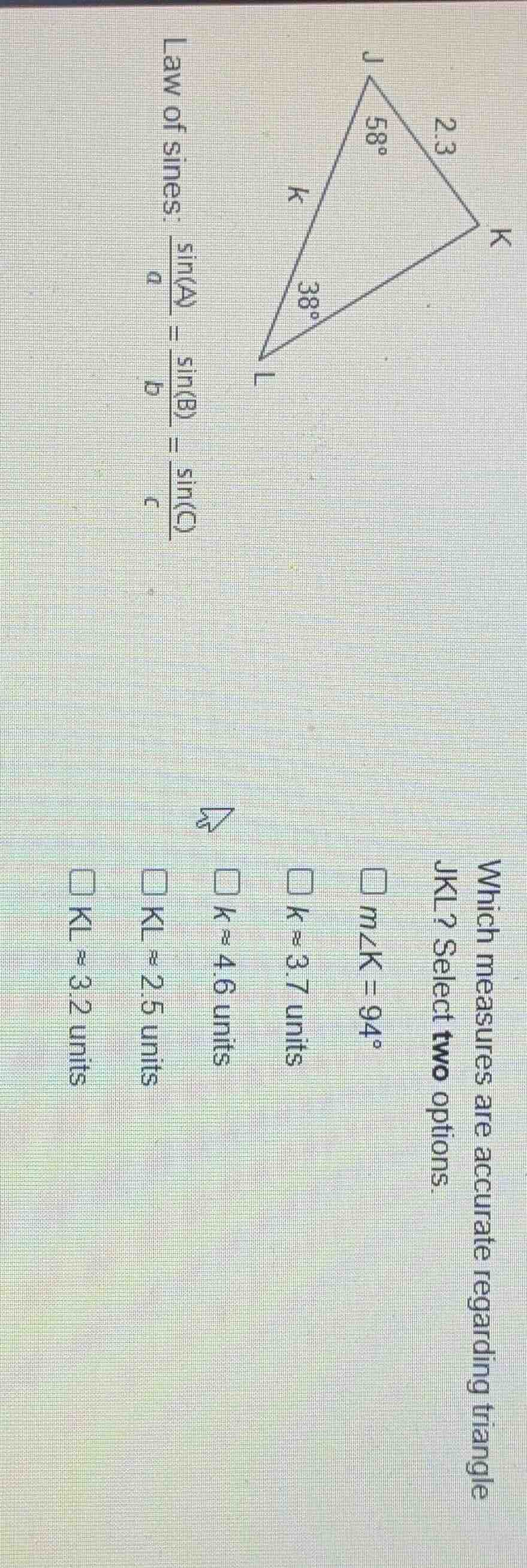 law of sines: \\(\\frac{\\sin(a)}{a} = \\frac{\\sin(b)}{b} = \\frac{\\s…