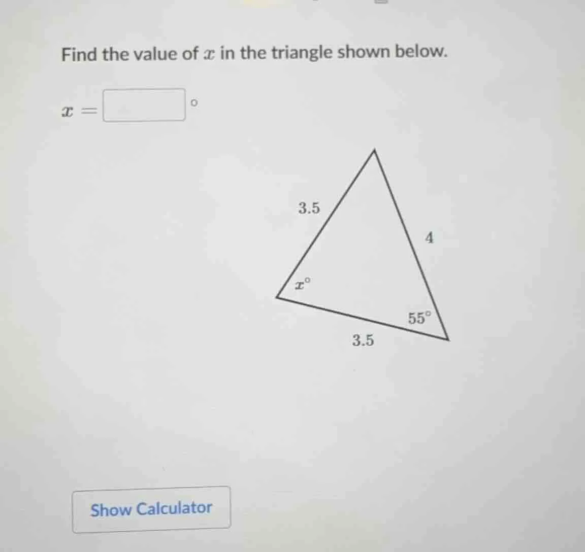find the value of x in the triangle shown below. x = \\boxed{\\space}^\…
