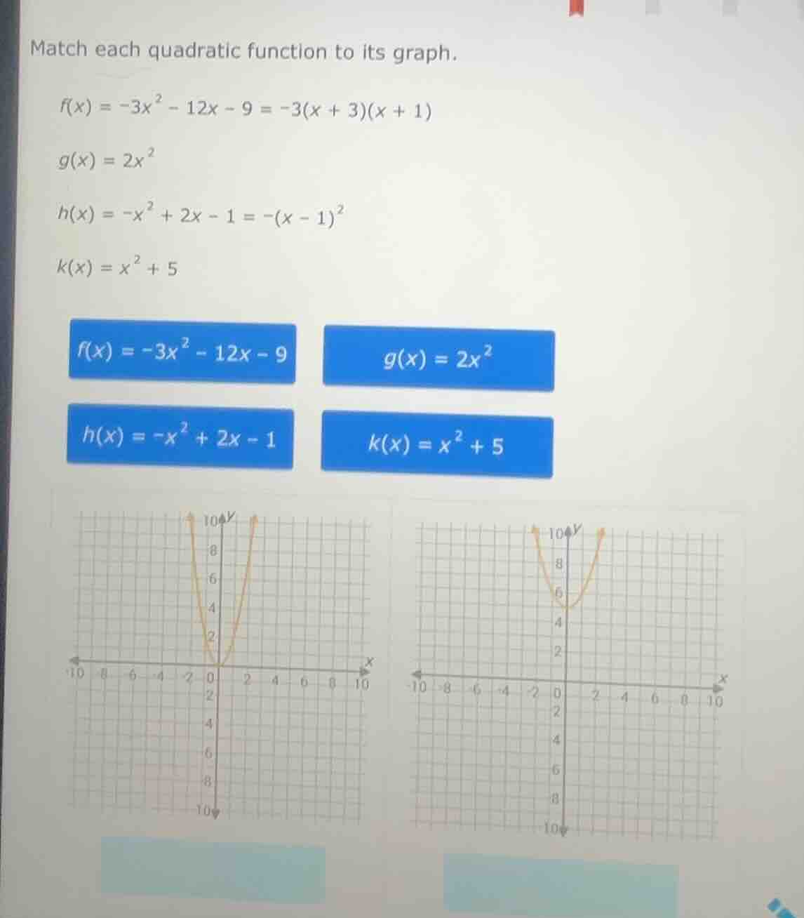match each quadratic function to its graph. $f(x) = -3x^2 - 12x - 9 = -…