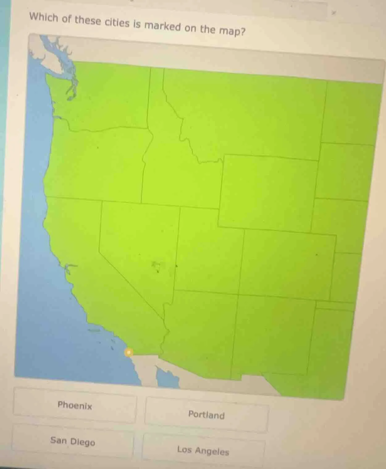 which of these cities is marked on the map? phoenix portland san diego …