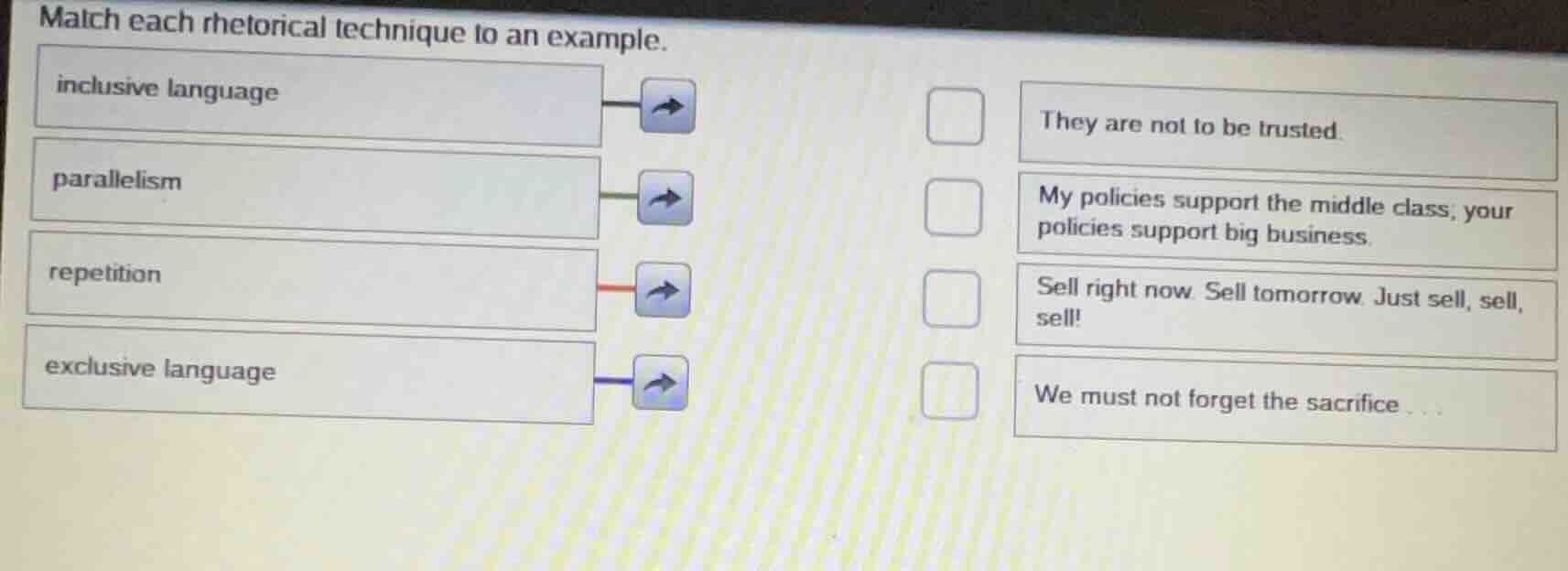 match each rhetorical technique to an example. inclusive language paral…