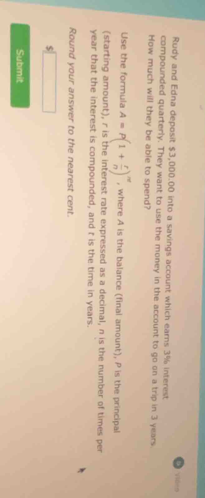 rudy and edna deposit $3,000.00 into a savings account which earns 3% i…