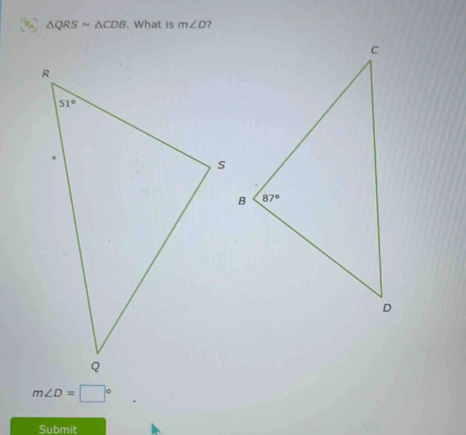△qrs ~ △cdb. what is m∠d? m∠d = \\square°