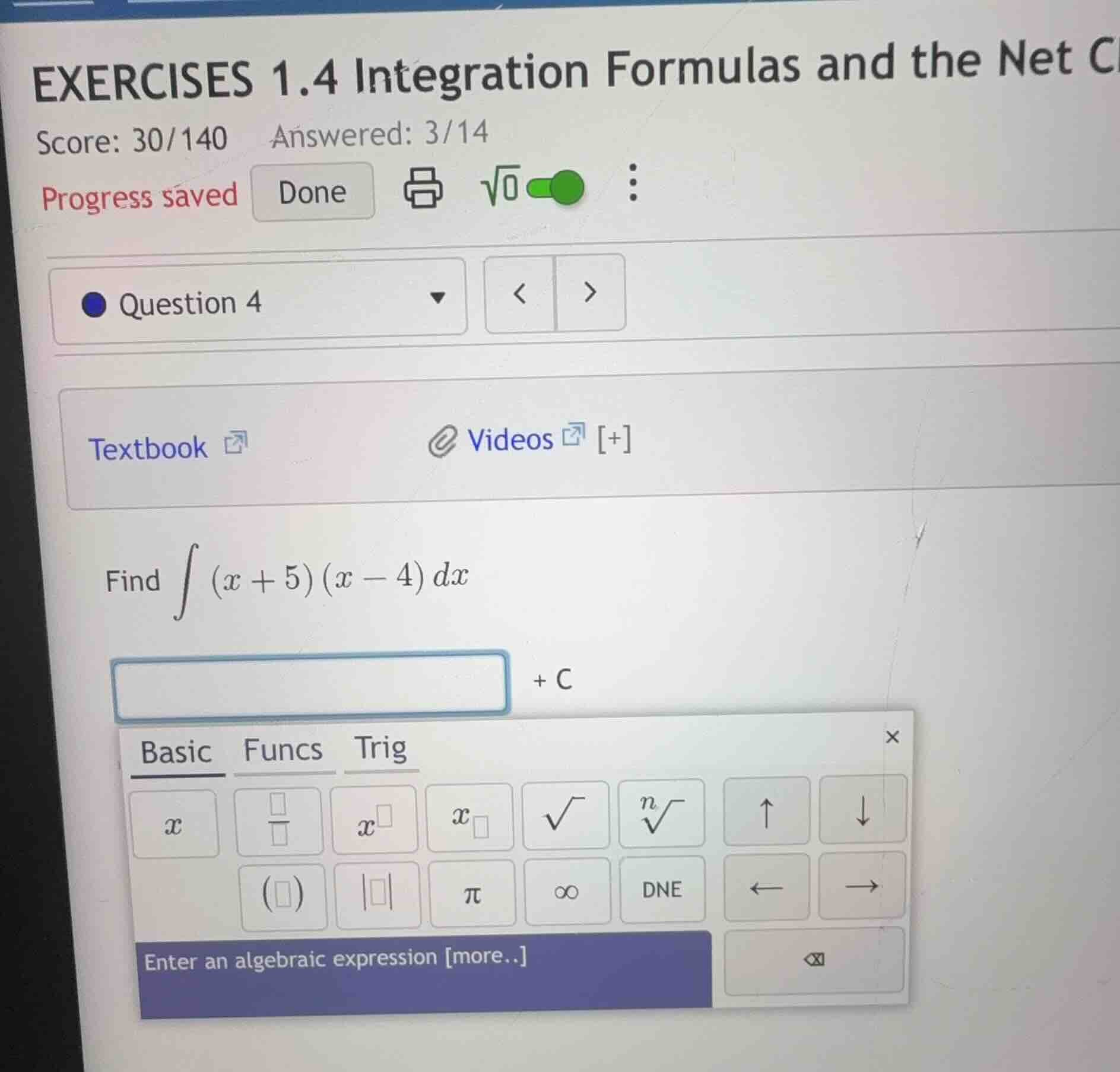 find \\(\\int (x + 5)(x - 4) dx\\) + c