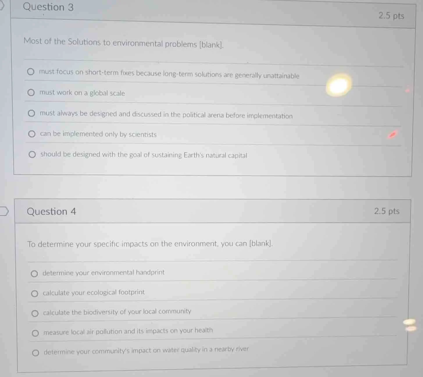 question 3 2.5 pts most of the solutions to environmental problems blan…