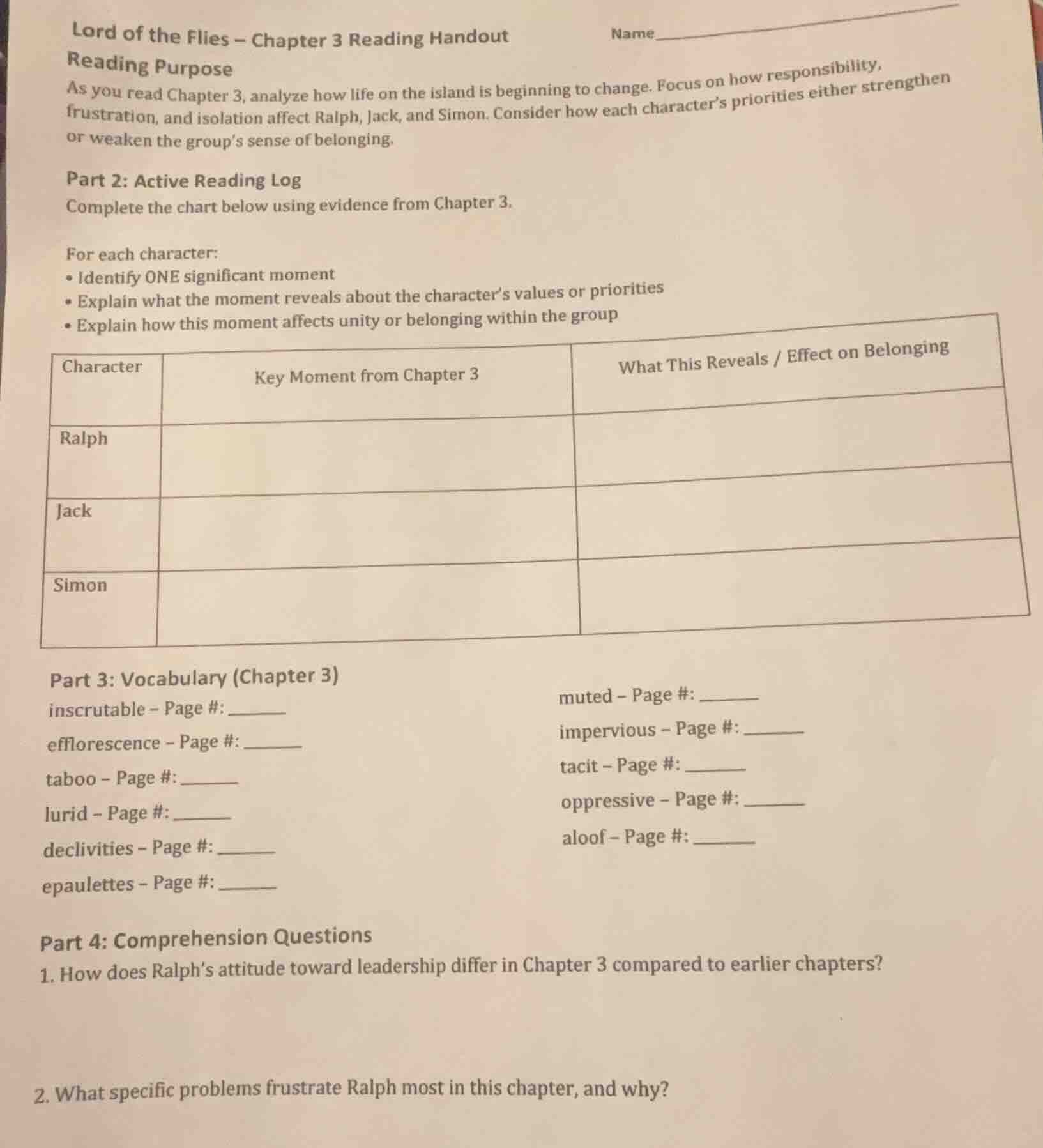 lord of the flies – chapter 3 reading handout name reading purpose as y…