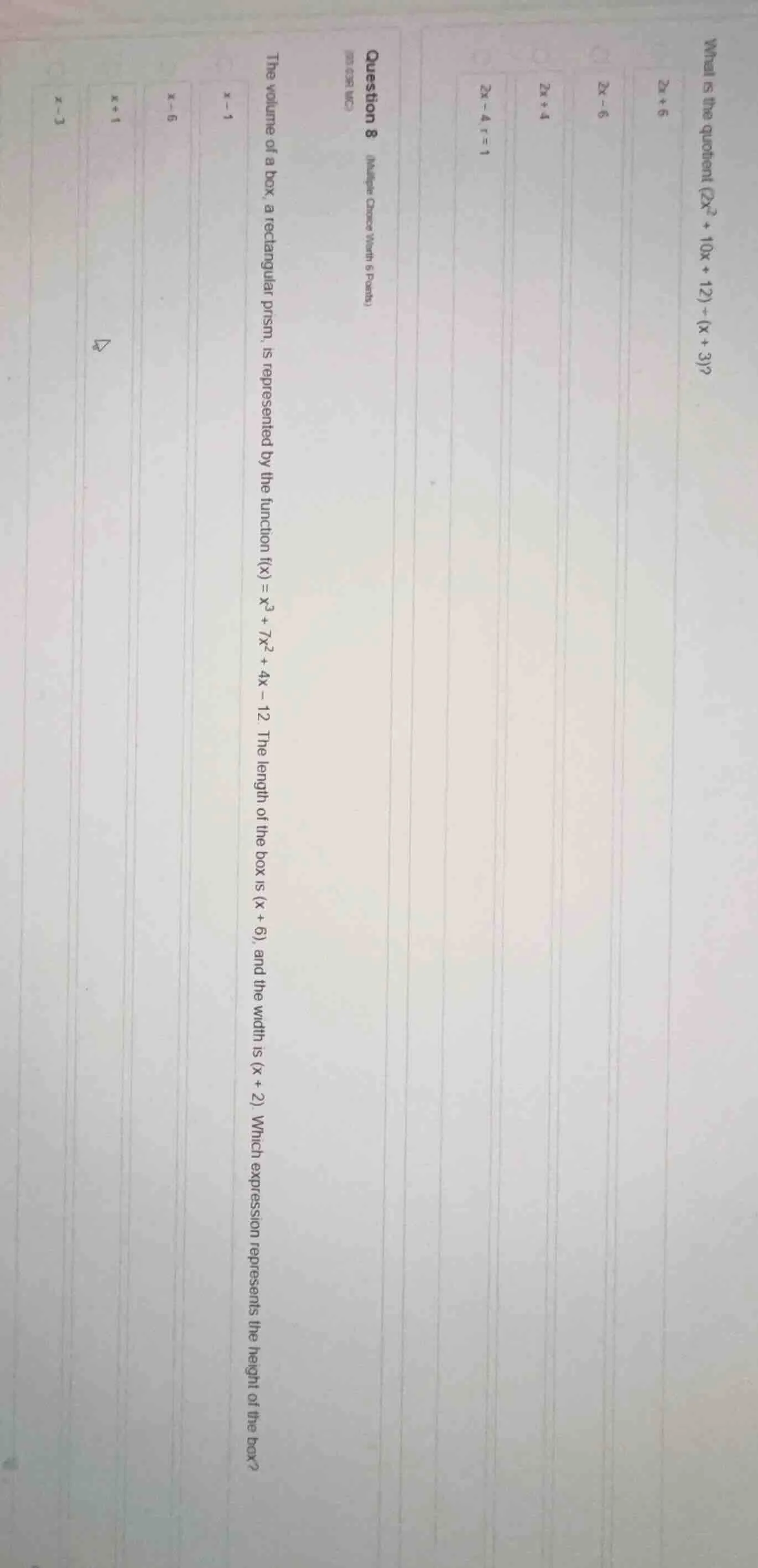 question 8 (multiple choice worth 6 points) the volume of a box, a rect…