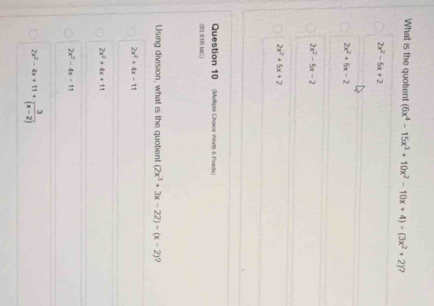 what is the quotient $(6x^4 - 15x^3 + 10x^2 - 10x + 4) \\div (3x^2 + 2)…