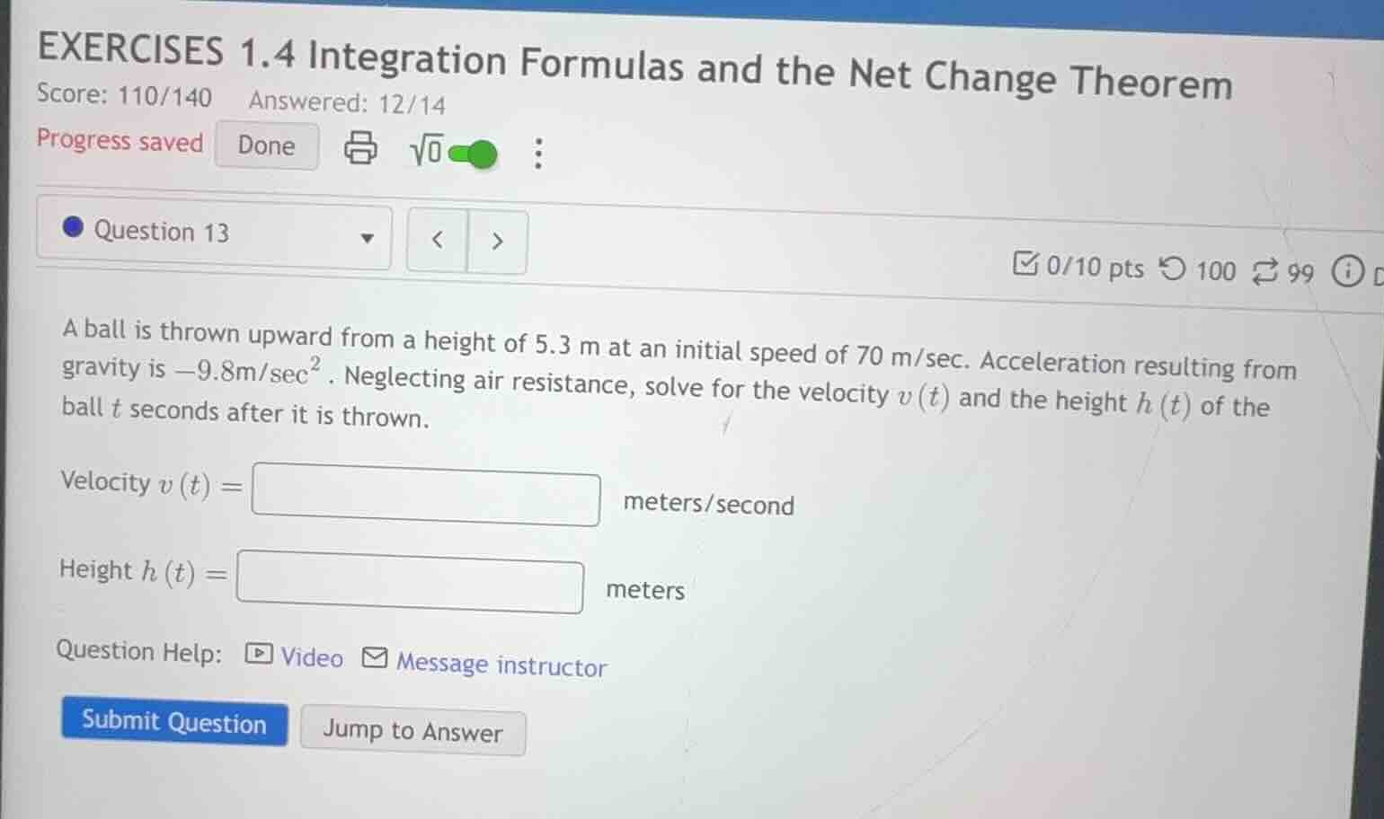 a ball is thrown upward from a height of 5.3 m at an initial speed of 7…