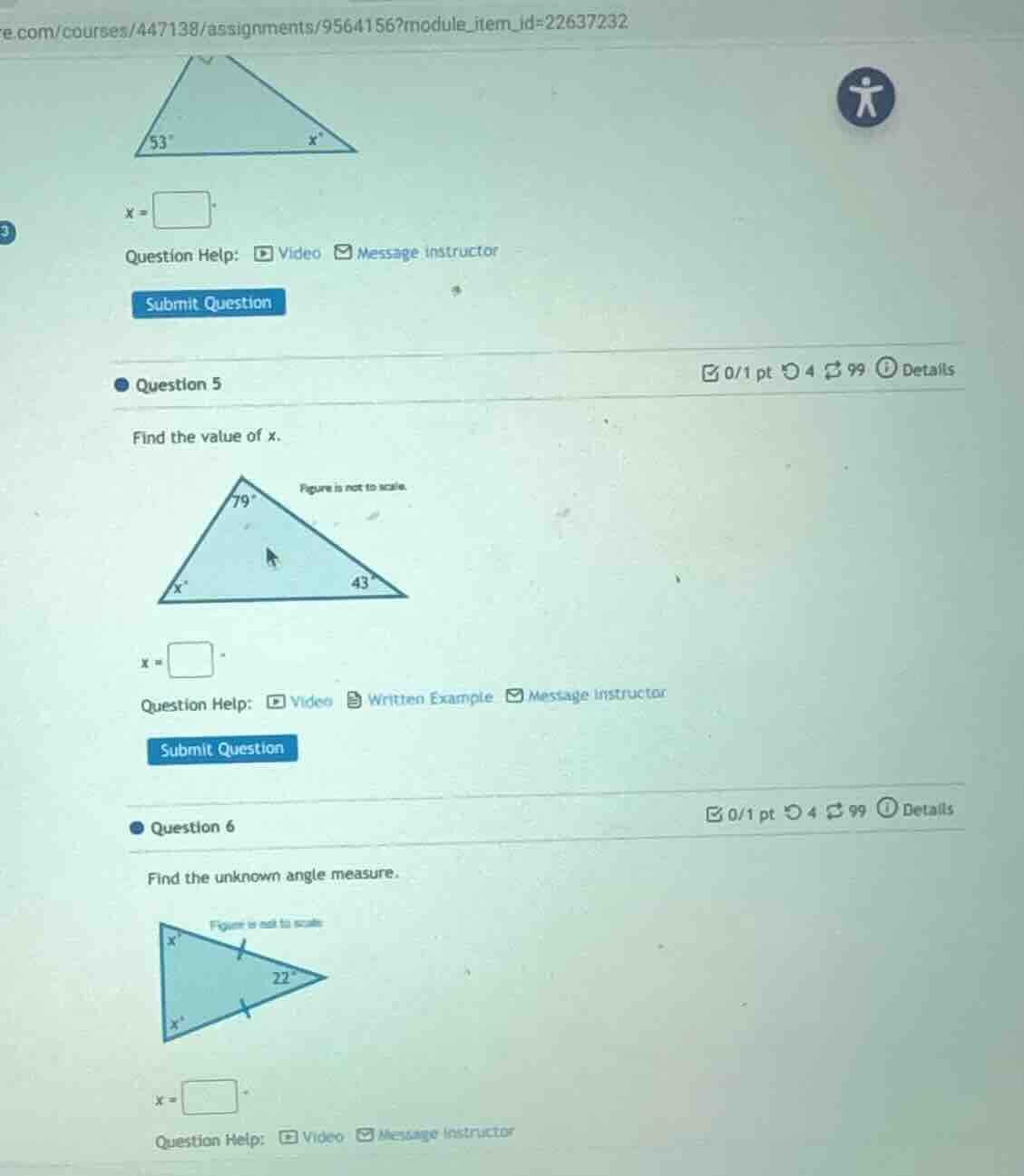 question 5 find the value of x. figure is not to scale. question 6 find…