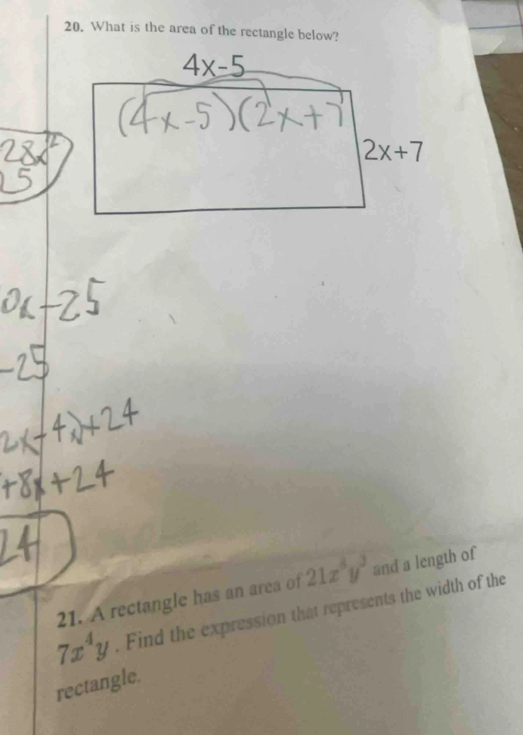20. what is the area of the rectangle below? 4x - 5 2x + 7 21. a rectan…