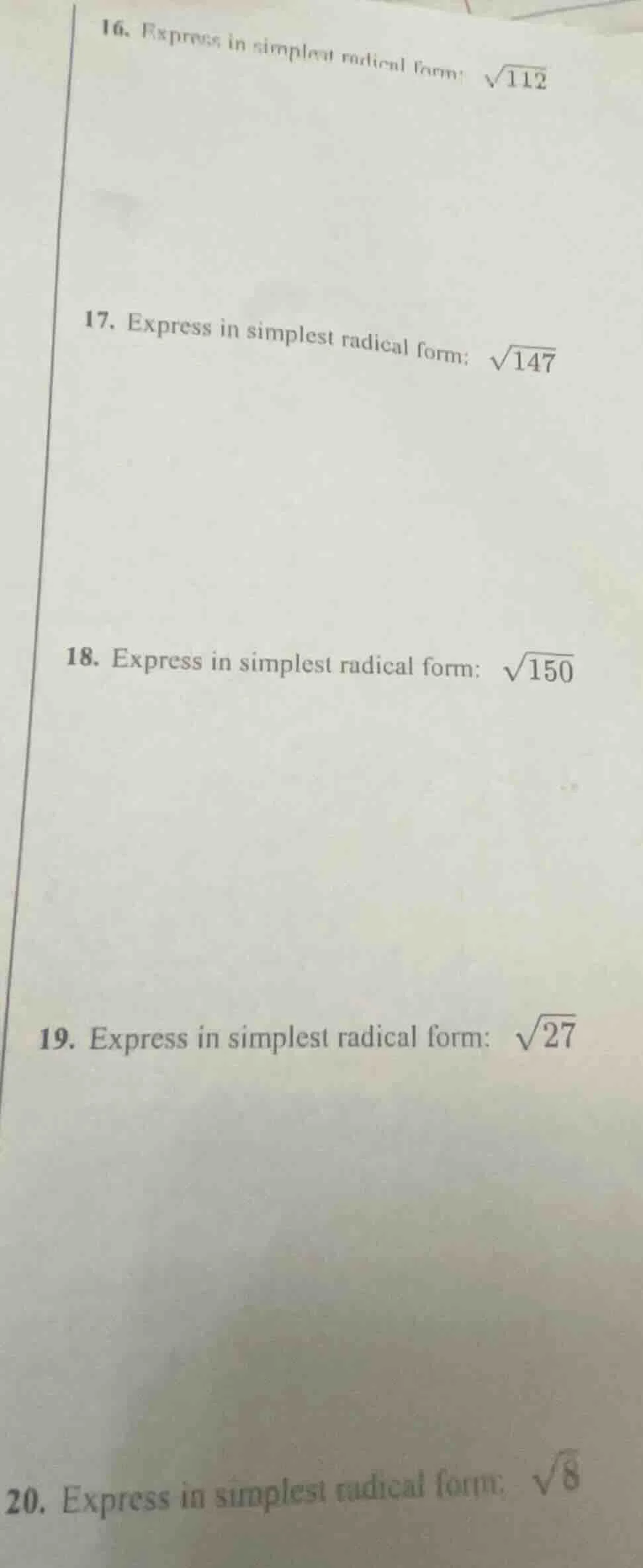 16. express in simplest radical form: \\(sqrt{112}\\) 17. express in si…